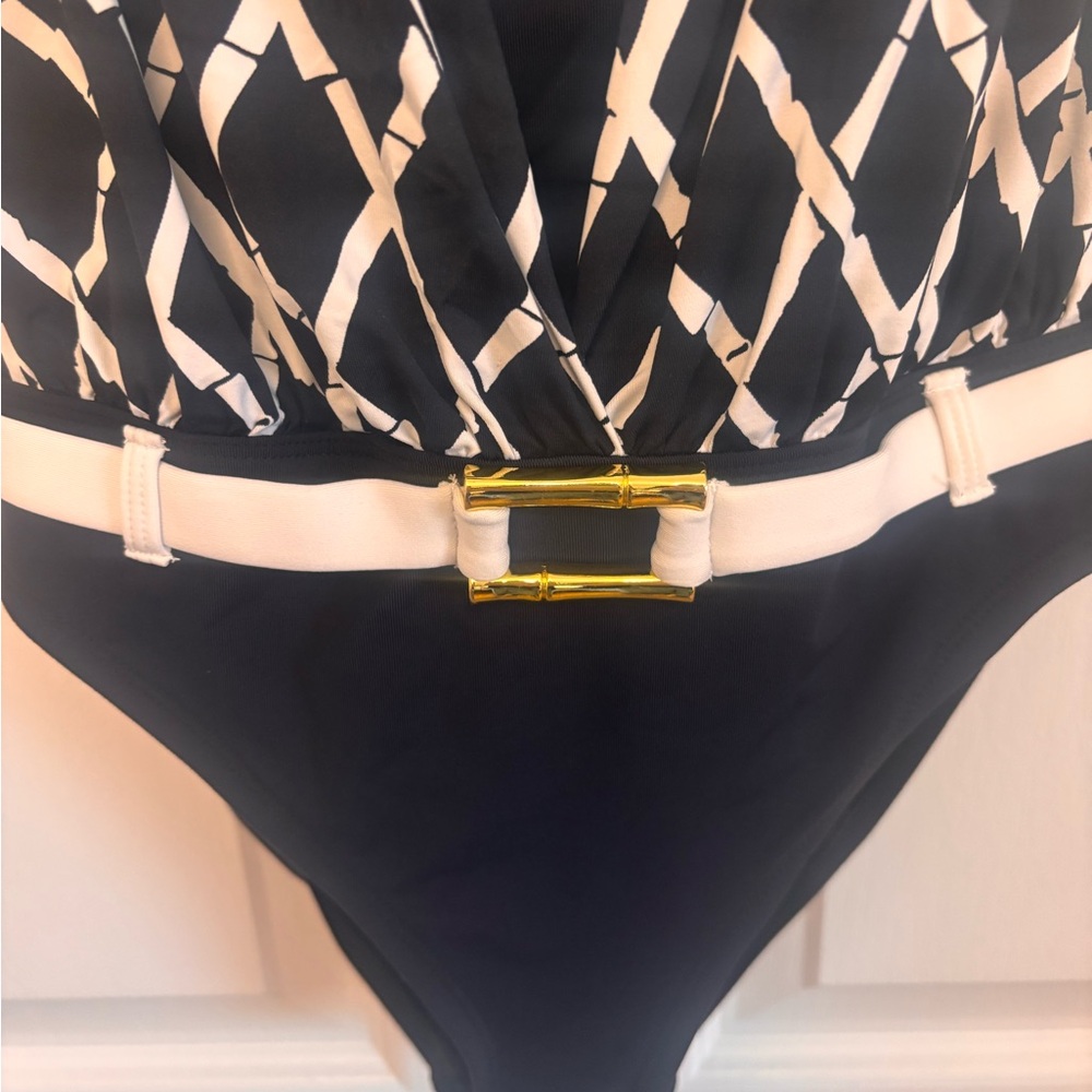 Blue Rod Beattie Navy & White Geometric One-Piece Swimsuit with Gold Accent - Picture 8 of 16